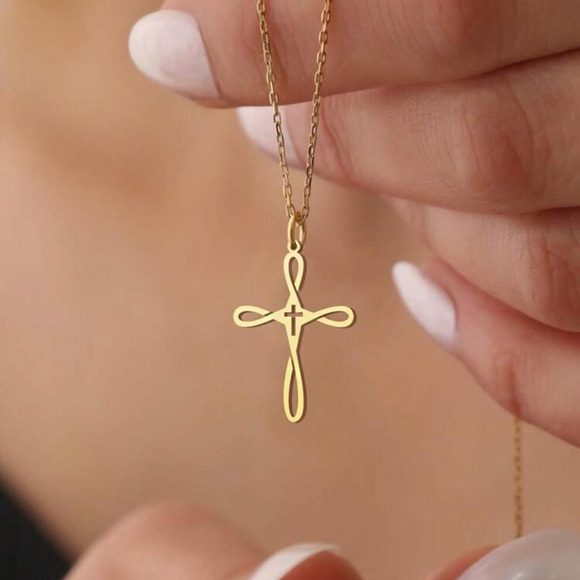 Gold Cross Pendant Necklace, Dainty Loop Design - Picture 1 of 6